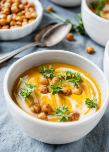 Carrot Ginger and Turmeric Soup with Cashew Cream and Spiced Chickpeas